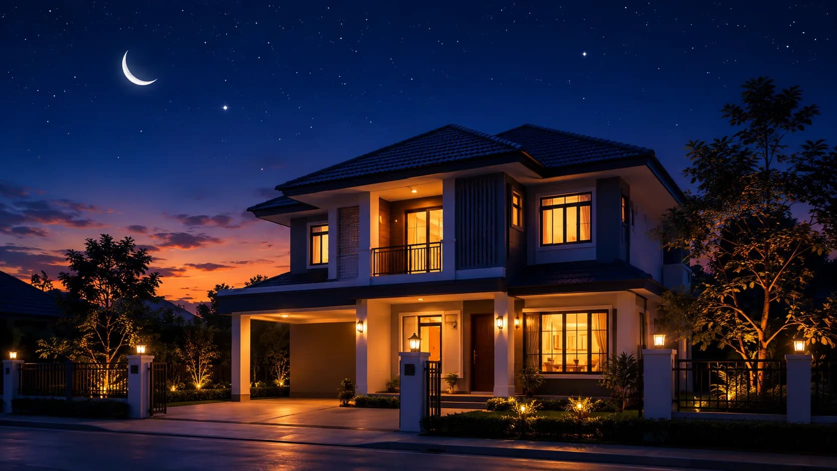 บ้านสองชั้นหลังเด่นยามโพล้เพล้ แสงอบอุ่นส่องจากหน้าต่าง — Money789 บ้านคัดพิเศษ